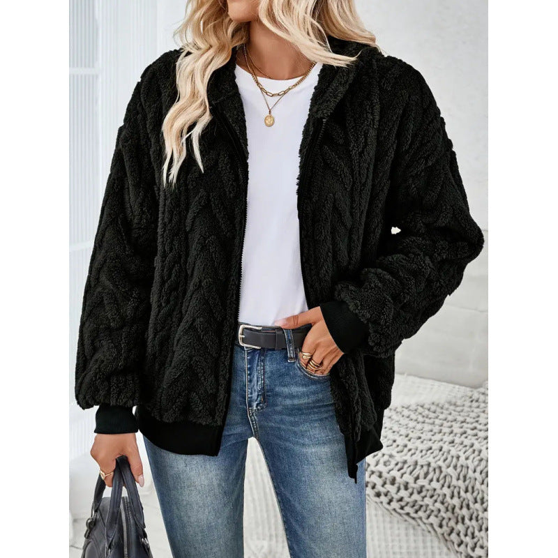 Ladies Cozy Fleece Jacket with High Collar and Chic Knit Pattern