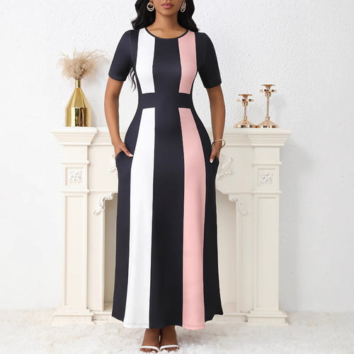 Maxi dress for women with a trendy color-blocked striped design and practical pockets Lune London