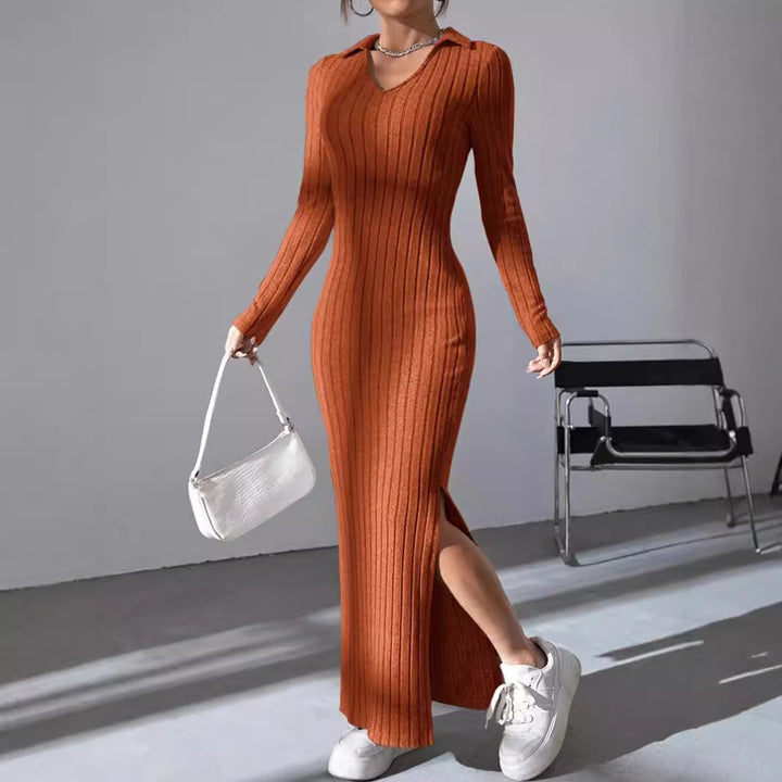 Knit dress for women with deep V-neck and side slit Lune London