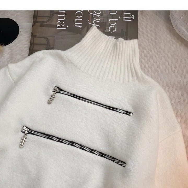 Women's Stylish Funnel Neck Sweater with Two Asymmetric Zip Pockets and Fringed Hem Lune London