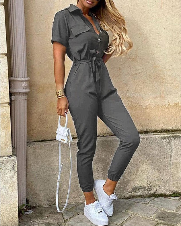 Women Practical jumpsuit with elegant collar and belt at the waist Lune London