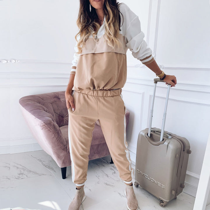 Sport leisure set for women with a stylish collar and chic side stripes