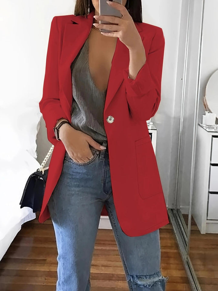 Elegant women's blazer jacket with shiny button details and spacious pockets Lune London
