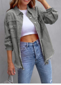 Ladies stylish overshirt jacket with fringed hem Lune London