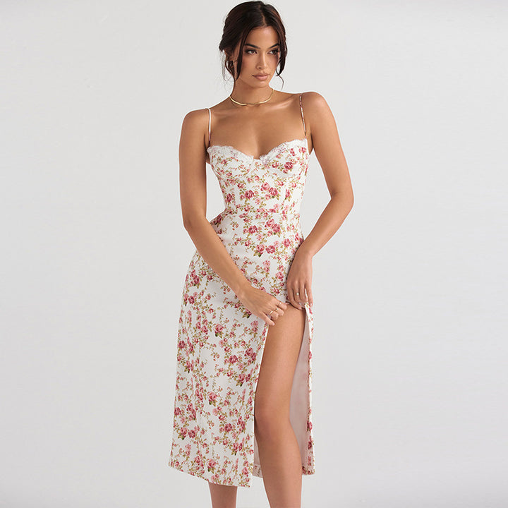 Floral braided slip dress for women with elegant side slit Lune London