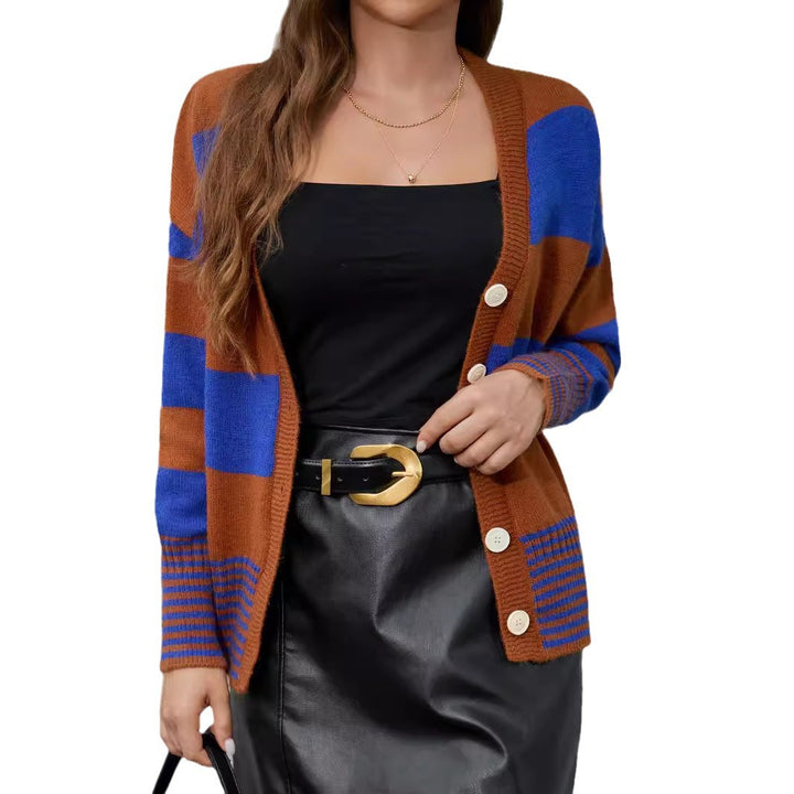 Knitted jacket for women with a striking striped pattern and large buttons Lune London