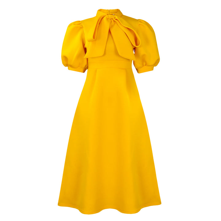 Midi dress for women with an elegant bow and puff sleeves Lune London
