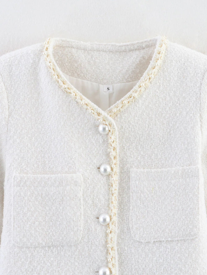 Elegant short-sleeve women's jacket with pearl-adorned buttons and patch pockets Lune London