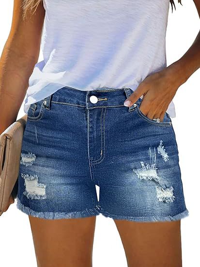 Women Destroyed Denim Shorts with Frayed Hems and Casual Fit Lune London