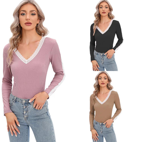 Woman Long Sleeve Top with V-neck and Lace Accents Lune London