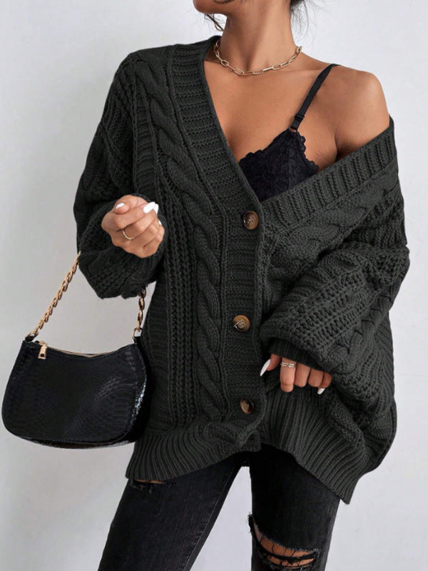Ladies chunky knit cardigan with wide sleeves and button details Lune London