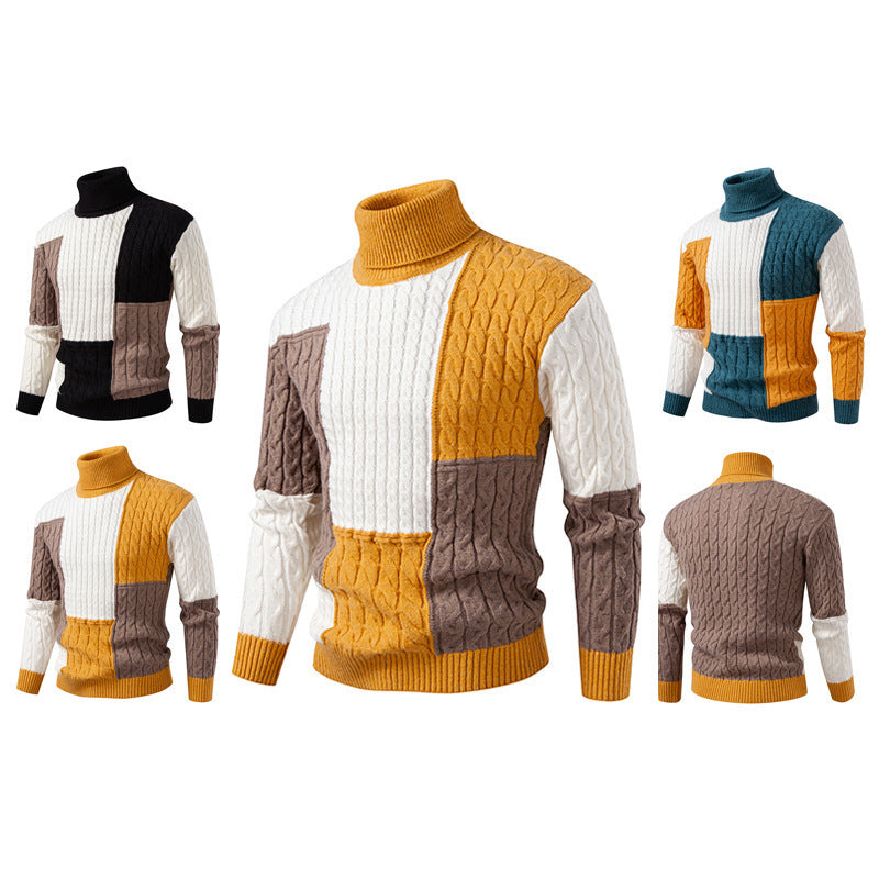 Men's highly crew-neck knitted sweater with a modern cable pattern and attractive color blocks Lune London