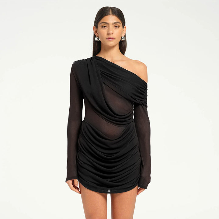 Elegant mini wrap dress for women with asymmetric draped design Lune London