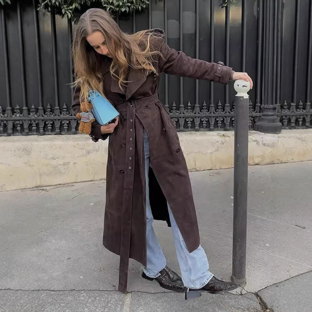 Lune London stylish midi trench coat for women with tie belt and practical pockets