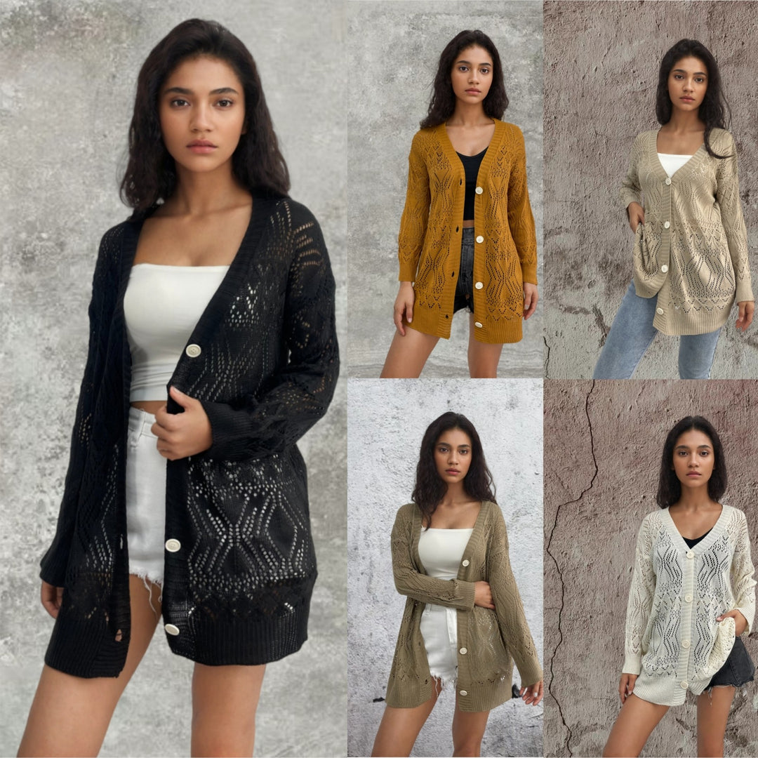Ladies lightweight cardigan with delicate crochet pattern and chic button details