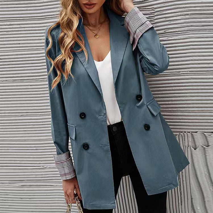 Women Elegant Double-Breasted Blazer with Chic Checkered Detail and Style