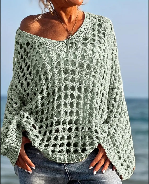 Knitted off-shoulder sweater for women with an airy structure in openwork stitches Lune London