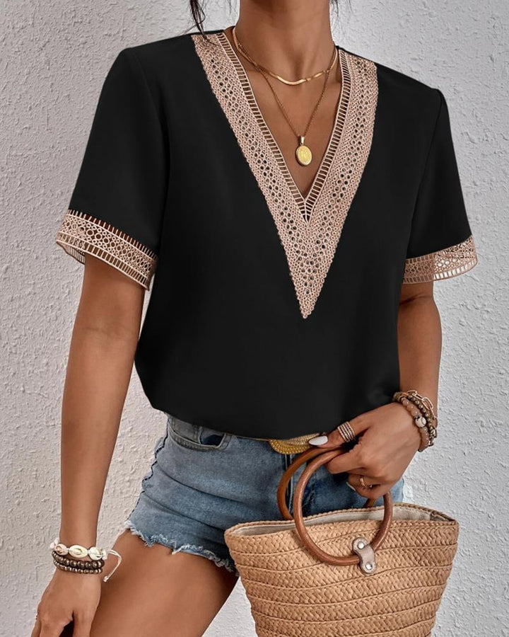 Elegant V-neck blouse with lace for women Lune London