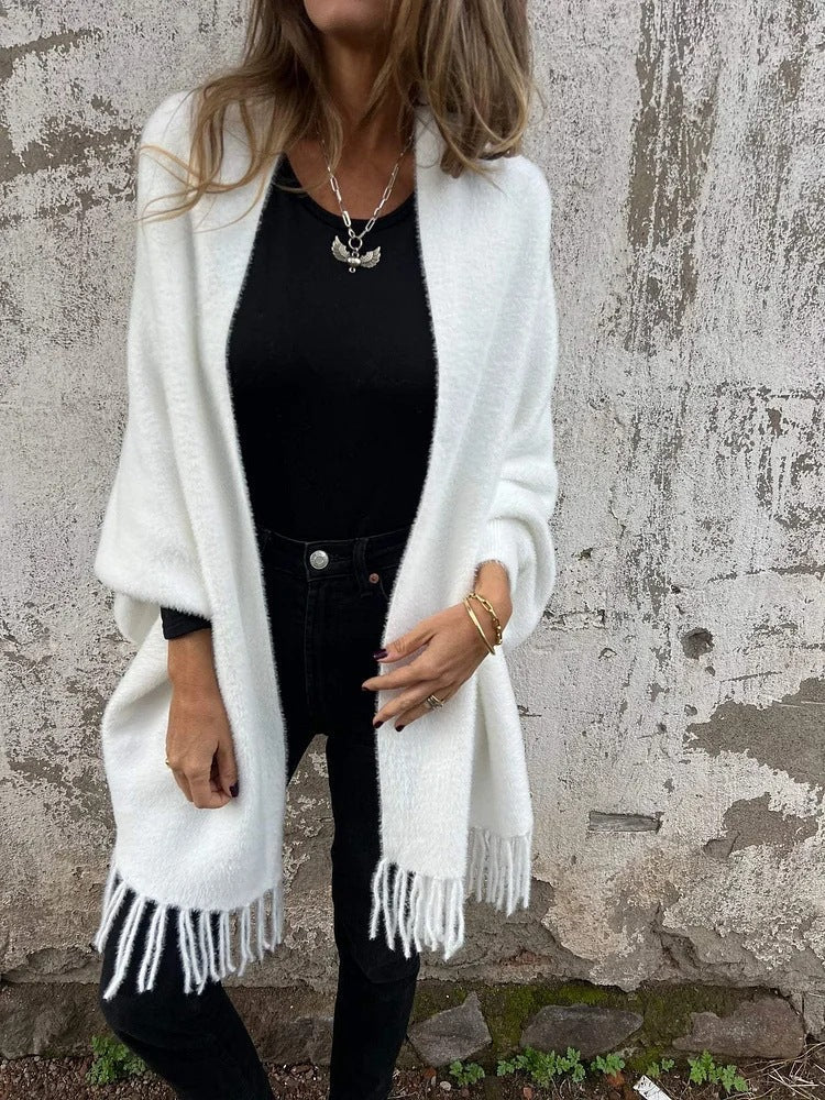 Women's Cozy Knit Poncho with Fringes Lune London