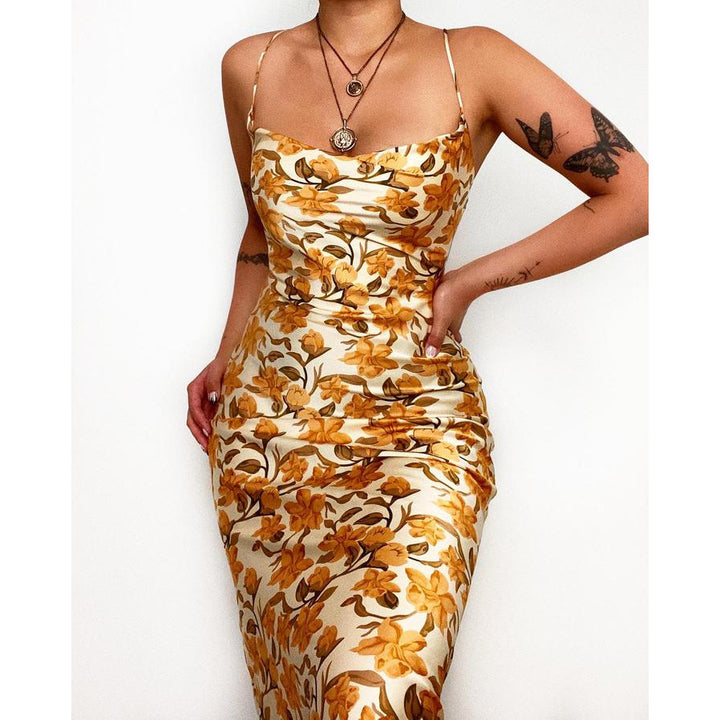 Women's Satin Maxi Dress with Floral Draping and Spaghetti Straps