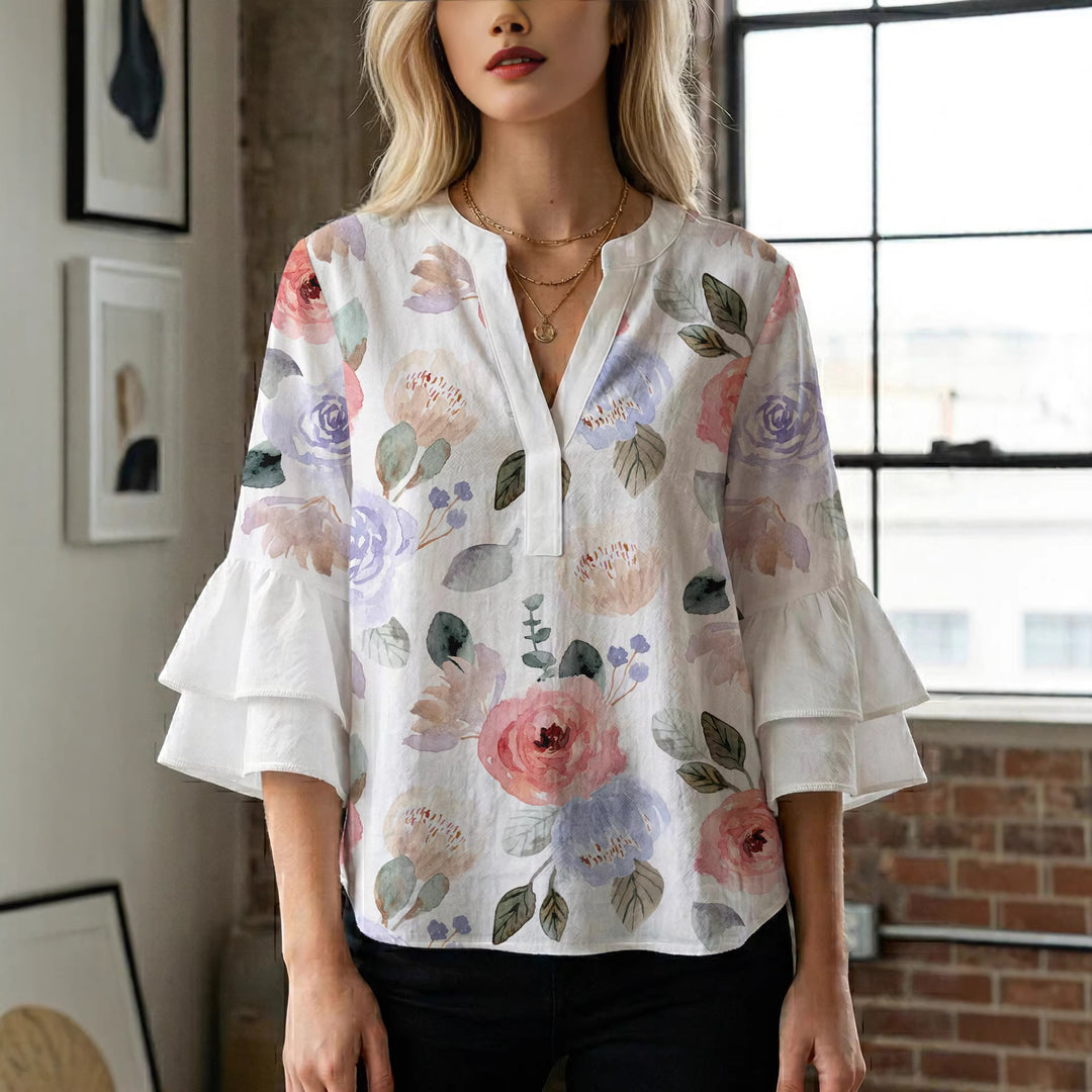 Women Elegant Top with Voluminous Puff Sleeves and Floral Print Lune London