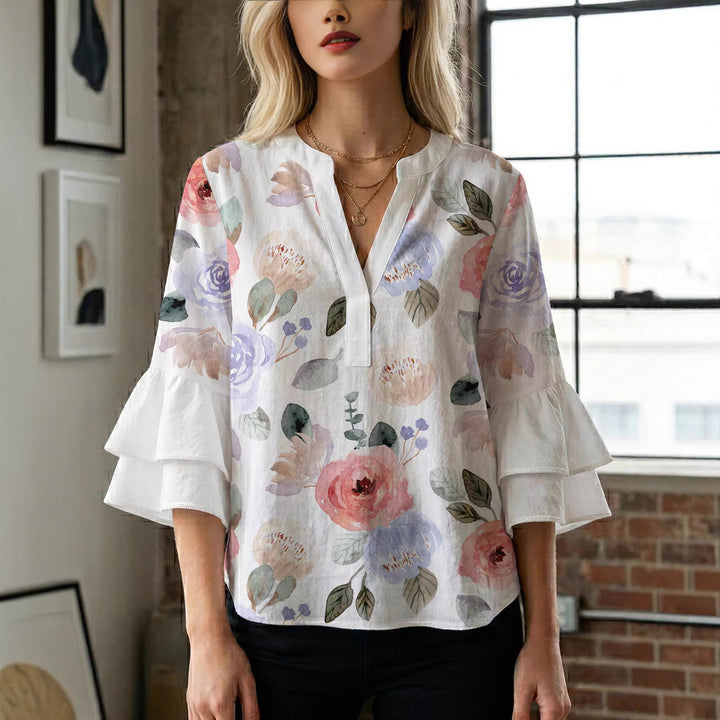 Women Elegant Top with Voluminous Puff Sleeves and Floral Print Lune London