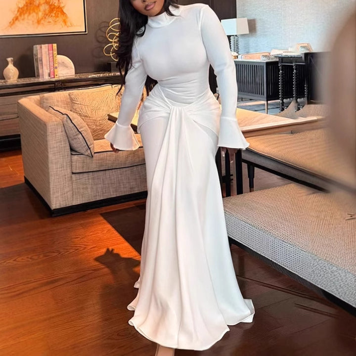 Ladies Elegant Maxi Dress with fitted cut and ruffle details Lune London