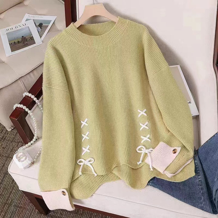 Casual knitted sweater for women with decorative knot and button details Lune London