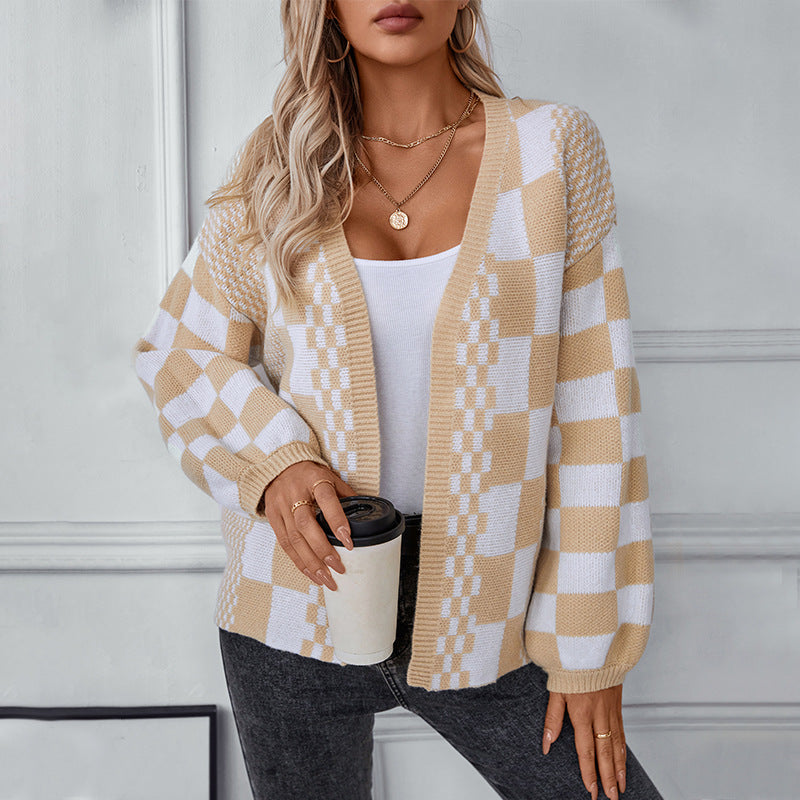 Lune London trendy check pattern casual cardigan for women
