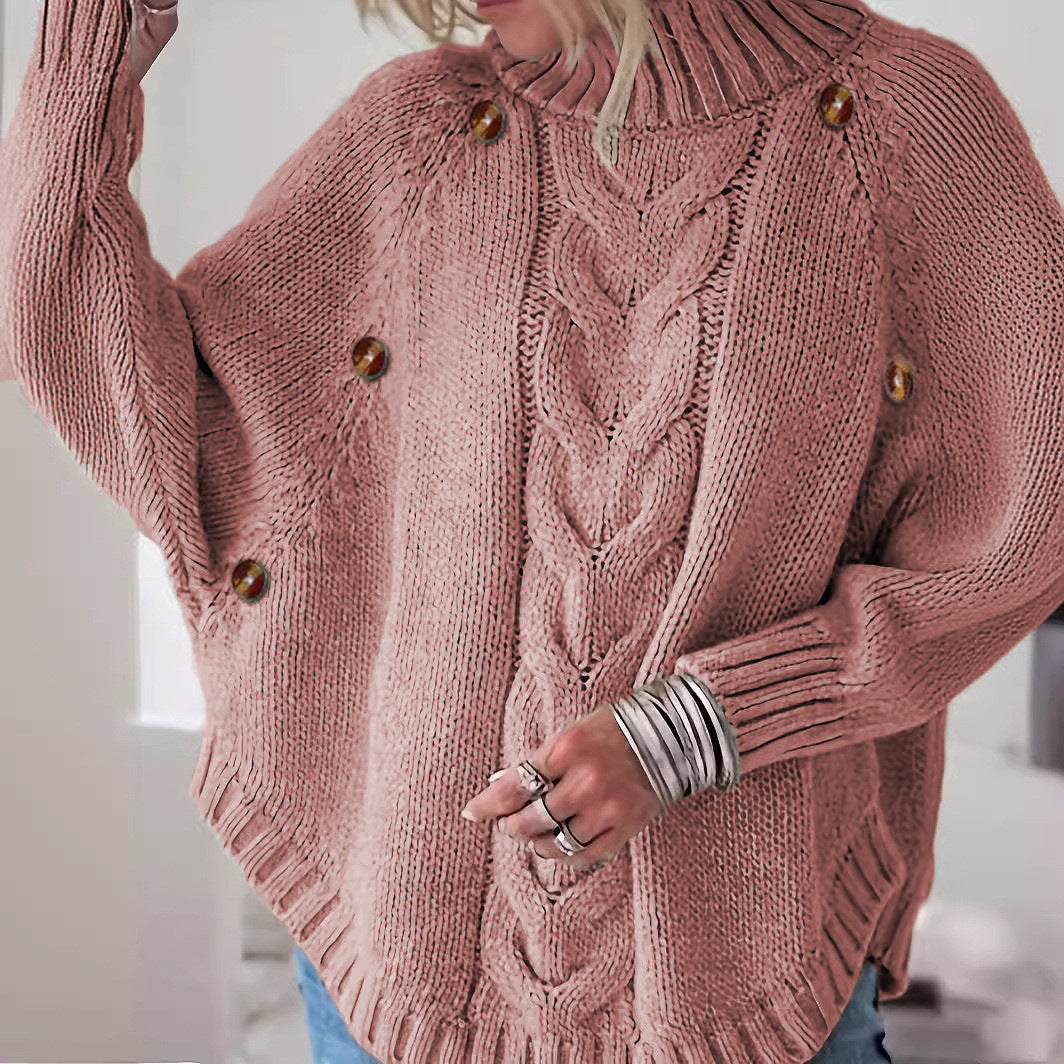 Ladies chunky knit sweater with high collar and button details Lune London