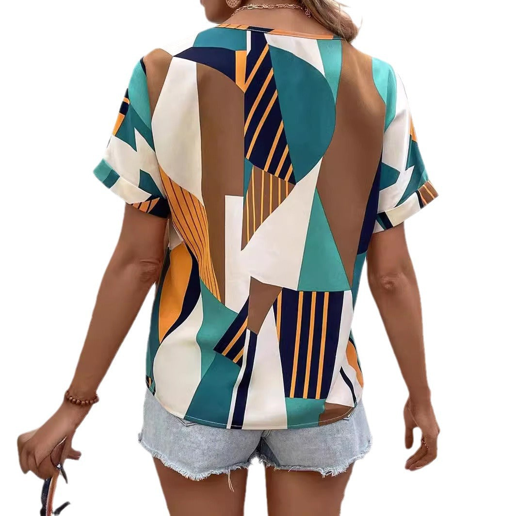 Ladies V-neck top geometric print Lune London