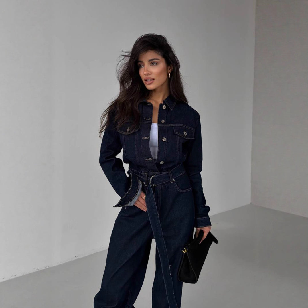 Robe en jean à manches longues pour femmes avec une coupe cintrée et une ceinture amovible Chic & Stil