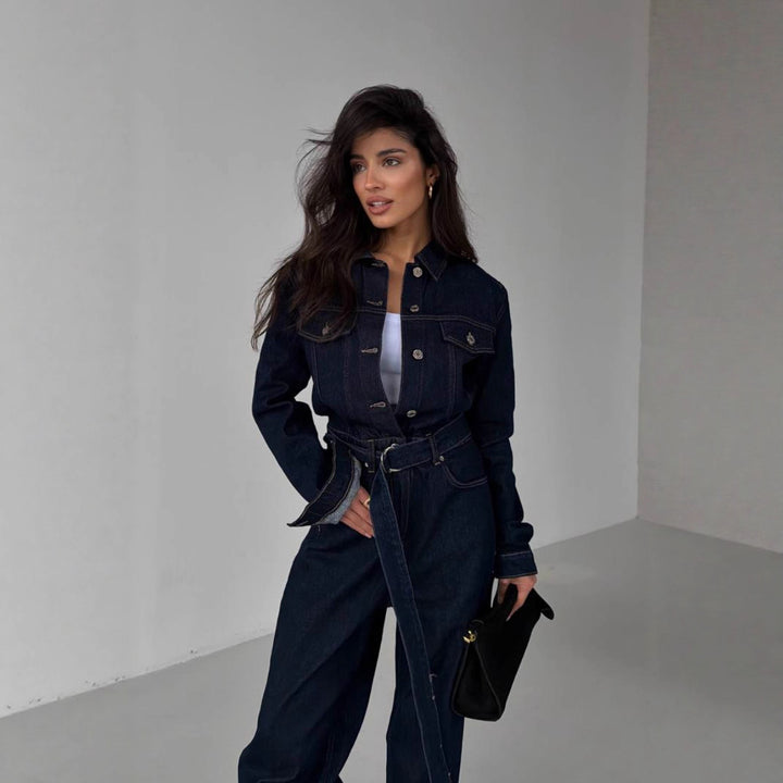 Robe en jean à manches longues pour femmes avec une coupe cintrée et une ceinture amovible Chic & Stil