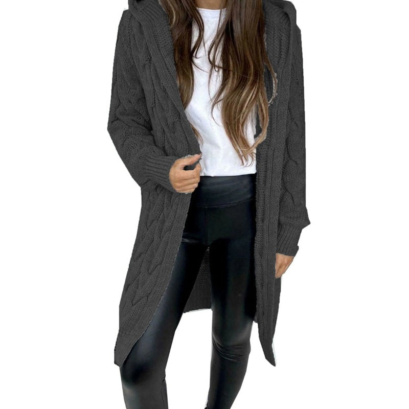 Ladies chunky knit coat with hood and braided design Lune London