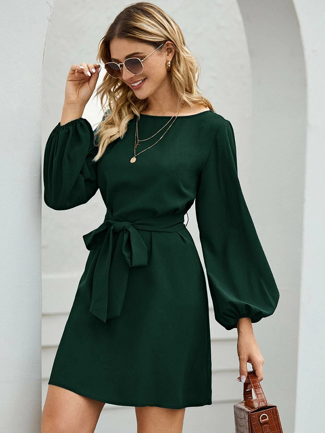 Ladies Elegant Dress with Balloon Sleeves and Waist Belt Lune London