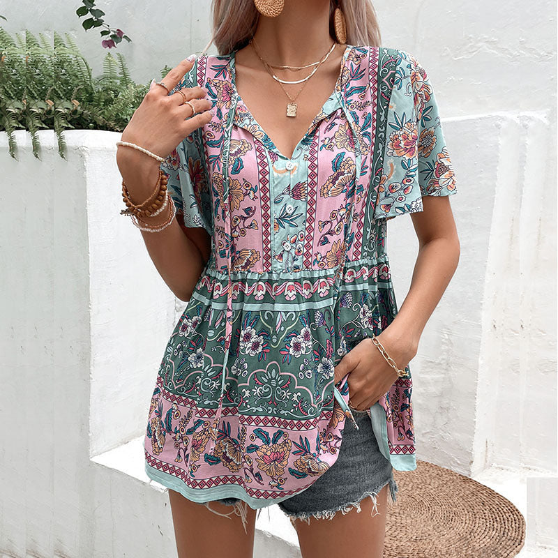 Boho flower tunic top for women with button detail Lune London