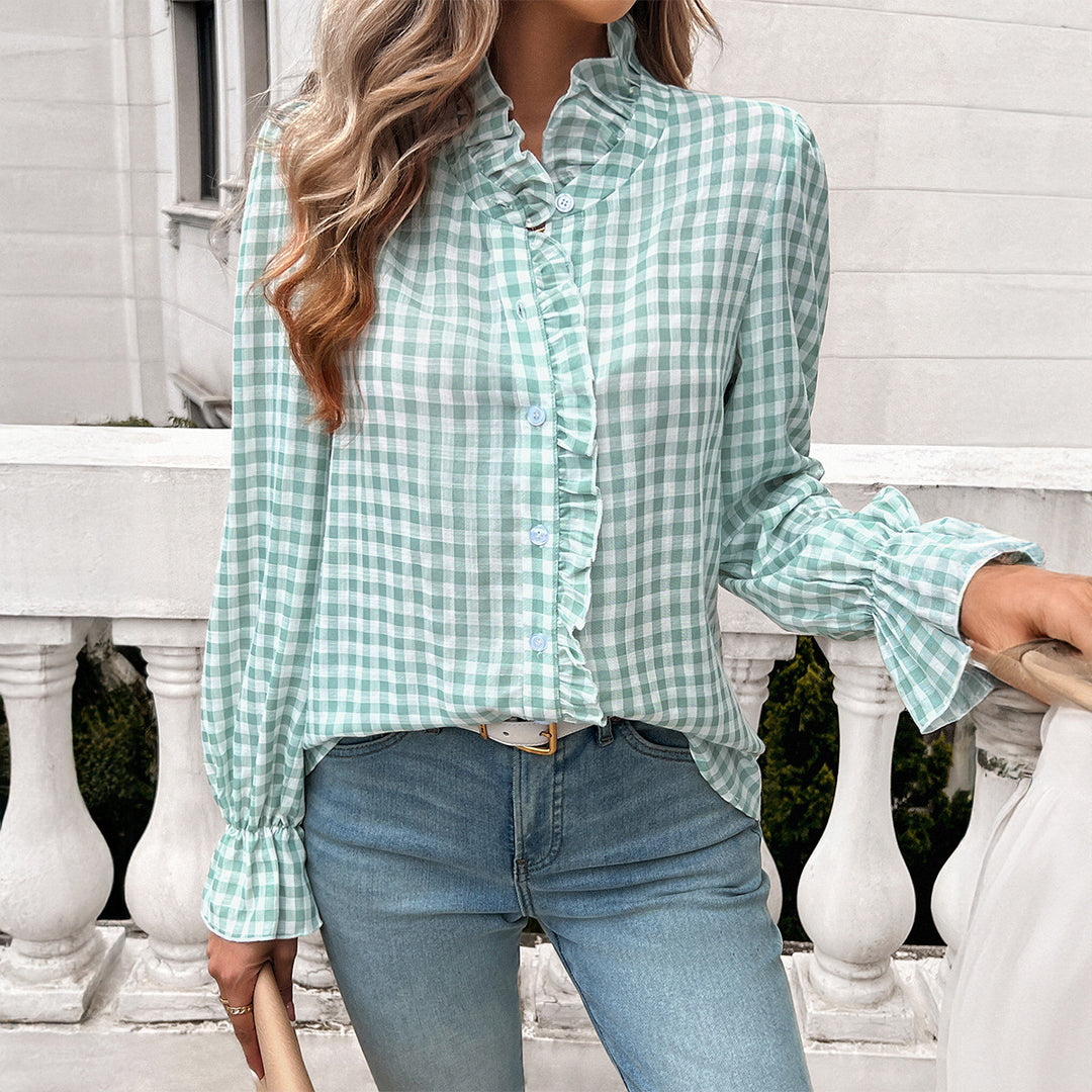 Checked blouse for women with ruffle details and a button placket Lune London