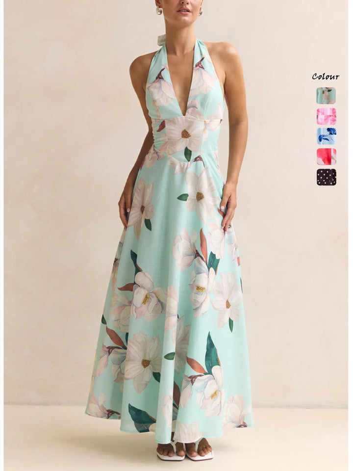 Ladies max dress with deep V-neckline and floral accents Lune London