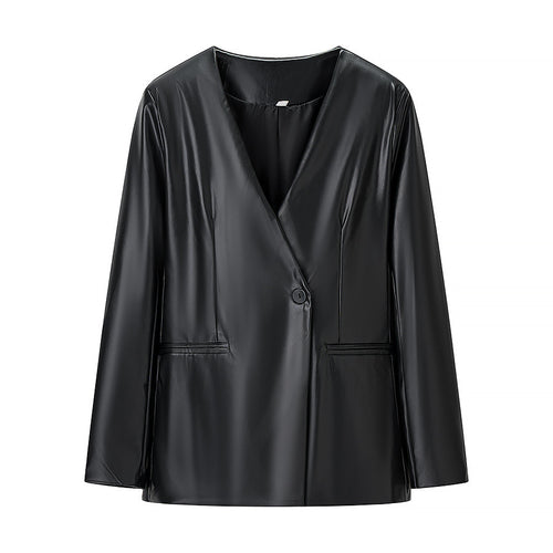 Elegant Women Long Blazer in High Quality Faux Leather Lune London