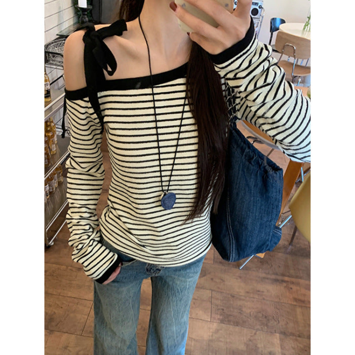 Women's Off-Shoulder Long Sleeve Shirt with Striped Pattern Chic & Stil
