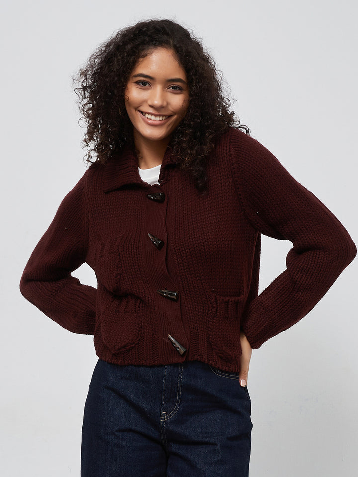 Thick knit jacket for women with decorative button details and practical pockets Lune London