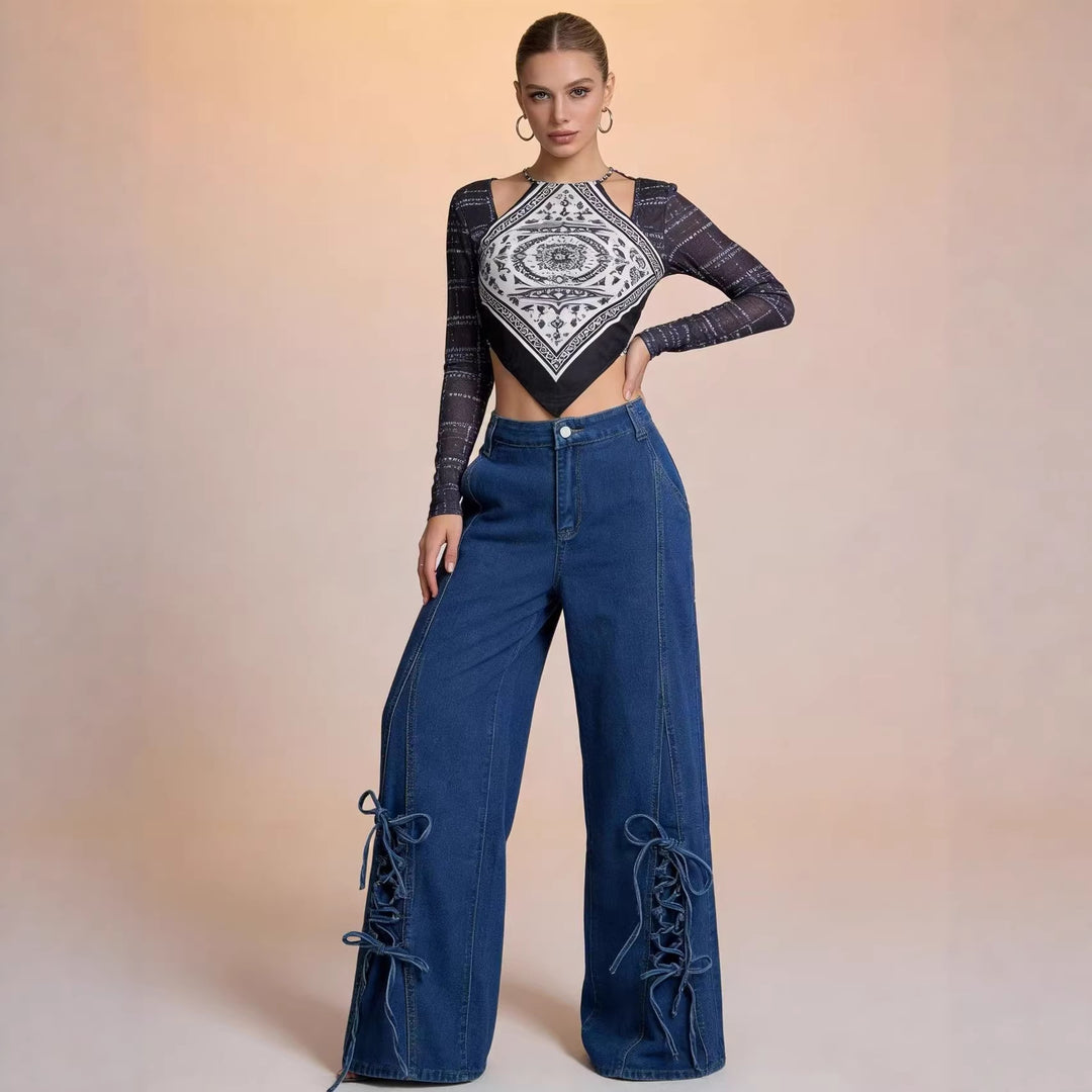 Women's flared jeans with trendy lacing detail and wide leg Lune London
