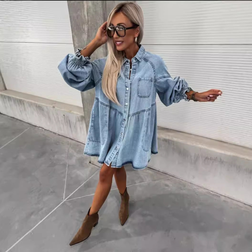 Robe chemise en denim pour femmes avec des manches volumineuses Chic & Stil