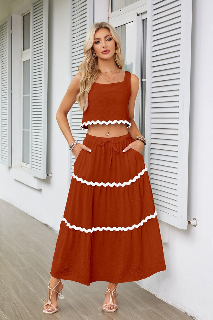 Two-piece women's set with crop top and lace maxi skirt Lune London