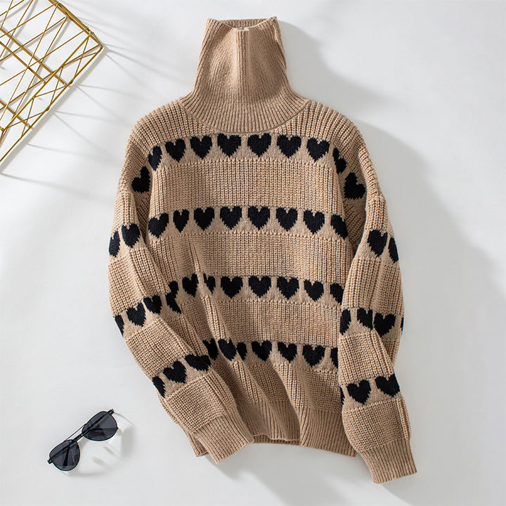 Knit sweater for women with heart-shaped pattern and high collar Lune London