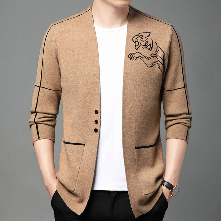Elegant knitted jacket for men with embroidered design and practical pockets Lune London