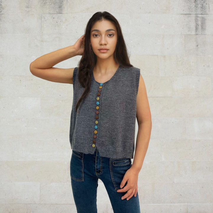 Ladies sleeveless knit vest with decorative buttons Lune London
