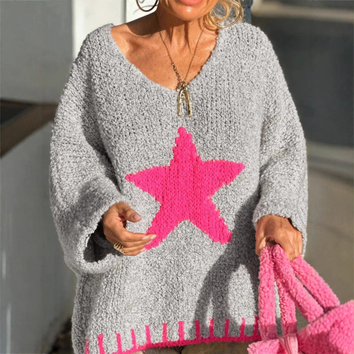 Women's knitted sweater with V-neck and striking star pattern Lune London
