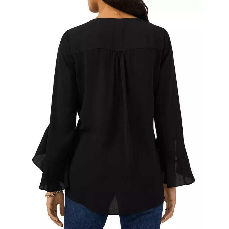 Women Elegant Blouse with Ruffle Details and Deep V-Neck Lune London