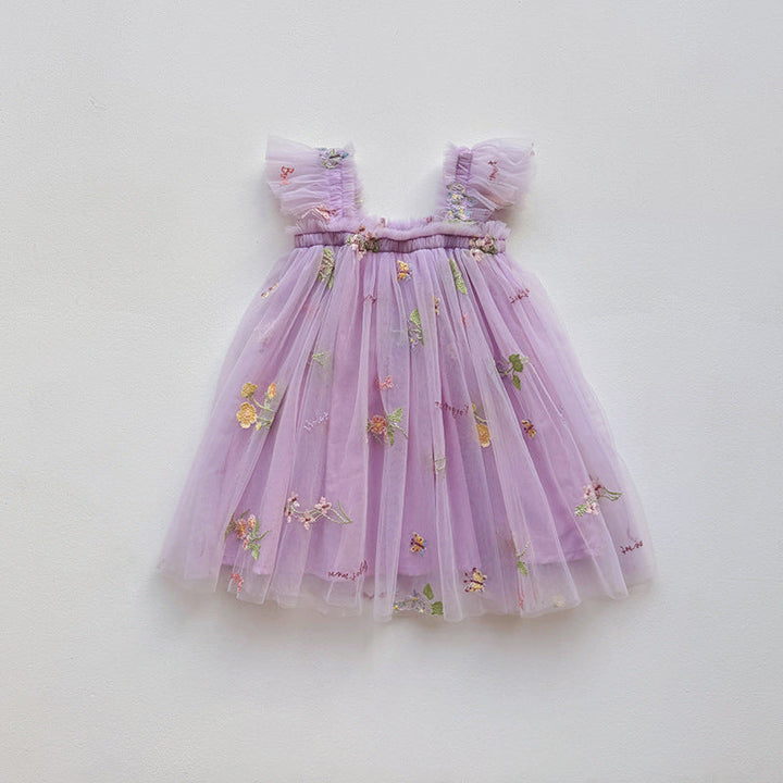 Girls Embroidered Tulle Party Dress with Ruffle Straps Lune London